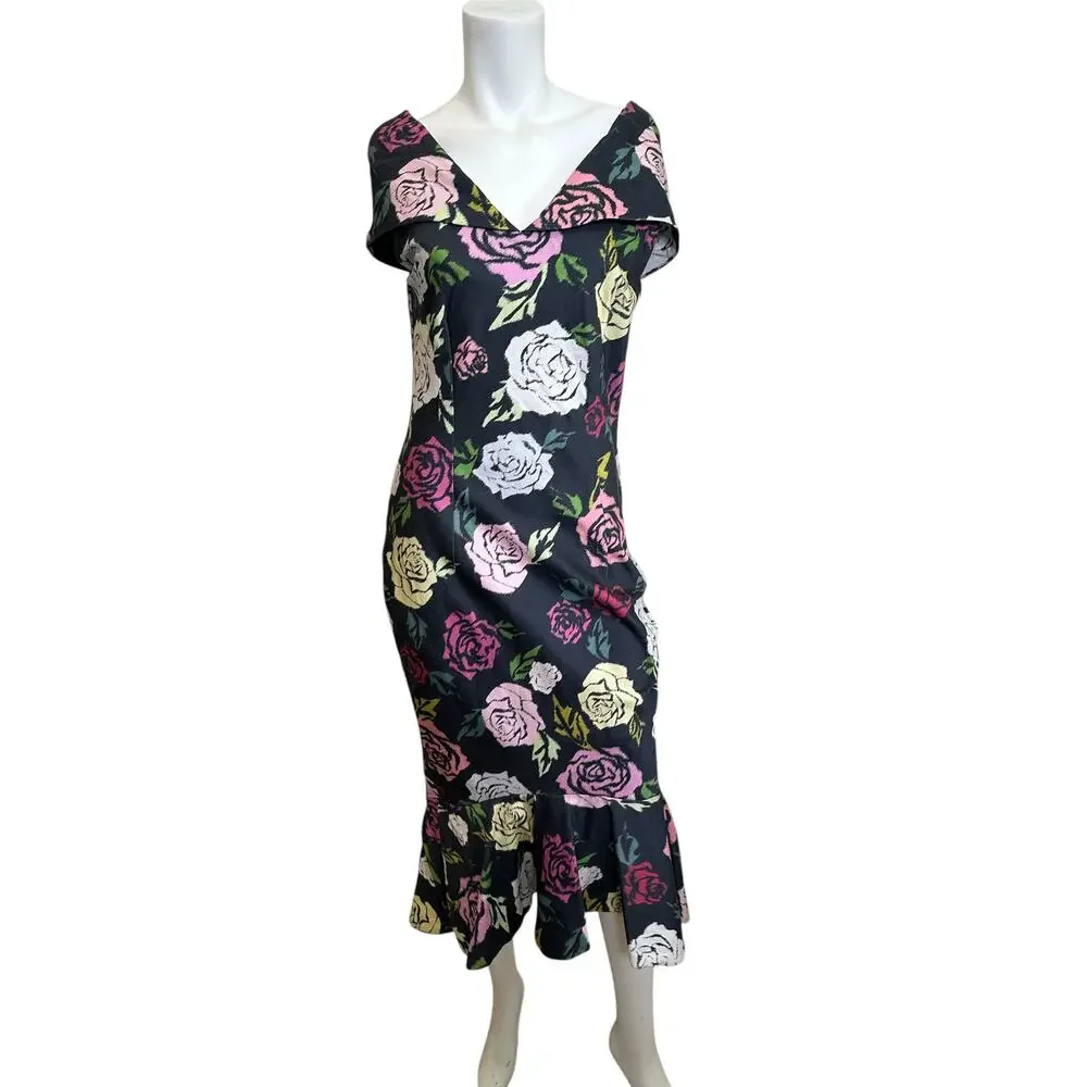 Janie Bryant x Unique Vintage Rose Print Off Shoulder Wiggle Dress Large NWT - Picture 2 of 13